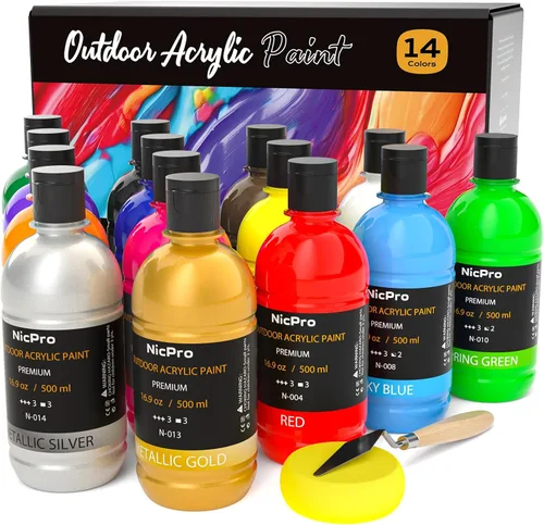 Vista 9 de Nicpro 14 colores pintura acrílica al aire libre a granel (120 ml, 4.06 oz) con pincel y esponja, cuchillo, pintura brillante no tóxica