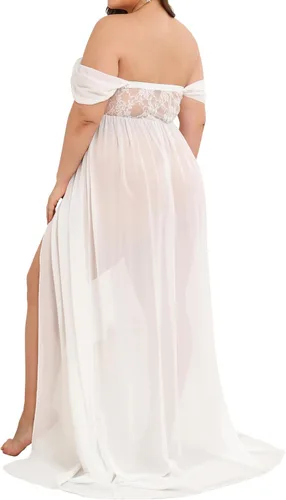 Vista 4 de Vestido de maternidad para fotografía con hombros descubiertos, vestido de gasa con abertura frontal, maxi vestidos de embarazo para sesión de fotos