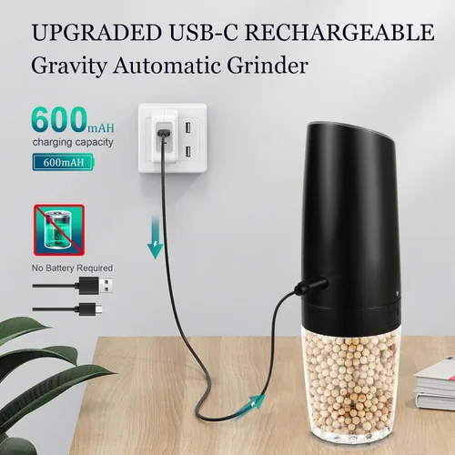 Vista 4 de Molinillo de sal y pimienta eléctrico por gravedad, molinillo de pimienta automático, recargable por USB, grosor ajustable, operación con una sola