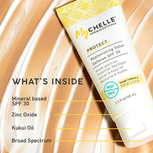 Vista 2 de MyCHELLE Dermaceuticals Solar Defense SPF 30 (2.3 fl oz) - Protector solar hidratante seguro para arrecifes con extracto de algas rojas y aceite