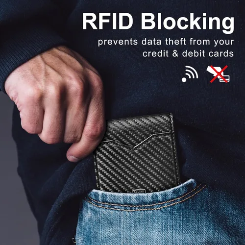 Vista 4 de GSOIAX Billetera delgada para hombre minimalista de cuero genuino fibra de carbono con bloqueo RFID de cuero vacuno plegable con caja de regalo