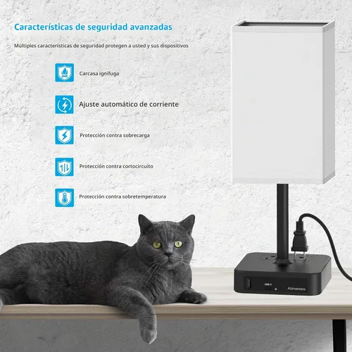 Vista 6 de Lámpara de mesa de noche con control táctil y puertos de carga USB C+A, lámpara de escritorio LED con 2 salidas de CA, luz minimalista para mesita