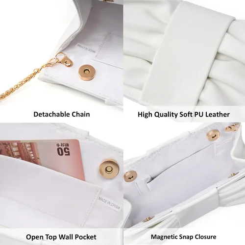 Vista 6 de Elegante bolso de mano con lazo para mujer, suave y plisado, bolsa de noche de poliuretano con cadena desmontable para fiesta de graduación, boda