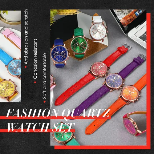 Vista 5 de Yinkin Juego de 14 relojes de cuarzo unisex de platino surtidos para mujeres, hombres y damas, números romanos, relojes de pulsera de piel sintética
