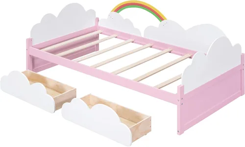Vista 4 de Merax Cama individual con decoración de nubes y arco iris, marco de cama de madera con cajones de almacenamiento para niños