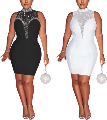 Vista 3 de Nagfar Women Rhinestone Mini Dress Elegant Evening Sexy Shrot Dress Masquerade Birthday Party Cocktail Club Outfits