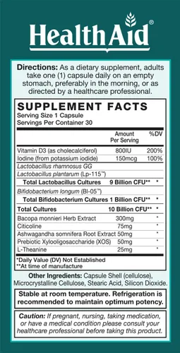 Vista 2 de HealthAid AdultFocus Probio 10 mil millones de UFC con prebiótico, apoyo cognitivo, una vez al día, contiene vitamina D3, Ashwagandha y yodo, cepas