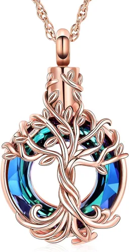 Vista 8 de shajwo Collar de cenizas de urna de cremación del árbol de la vida para mujeres y hombres, círculo de la vida, cristales de cremación, colgante