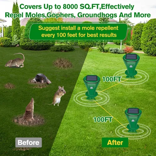 Vista 6 de Repelente de topos alimentado por energía solar, paquete de 2 repelente ultrasónico de gopher IP65 impermeable para césped, jardín, patio, repelente