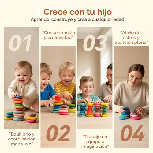 Vista 3 de OESSUF Rocas apilables extragrandes para niños pequeños de 1 a 3 años, 16 piezas de juguetes Montessori de madera, piedras de equilibrio jumbo