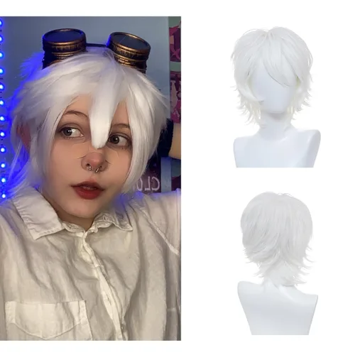 Vista 2 de Kavsni Peluca de pelo corto y recto unisex para cosplay, para mujeres y hombres, a la moda, anime, fiesta, estilo elegante, sintético, pelucas