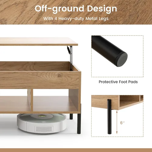 Vista 7 de Giantex Mesa auxiliar elevable, mesa rectangular de madera con compartimento oculto y estantes de almacenamiento abiertos, mesa central moderna