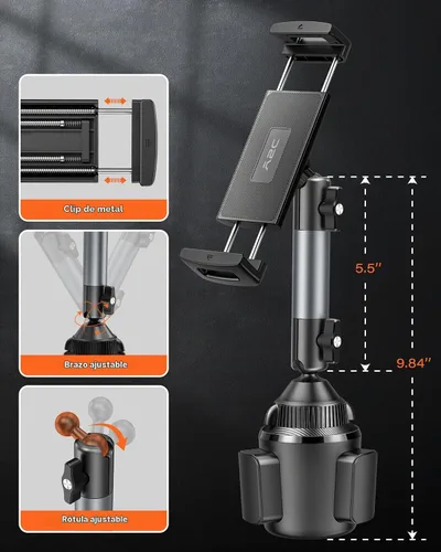 Vista 4 de A2C Soporte para iPad para portavasos de coche, brazo Tri-Pivot de aleación de aluminio de 5.5" Heavy-Duty Tablet Mount for Car Truck, Road Trip