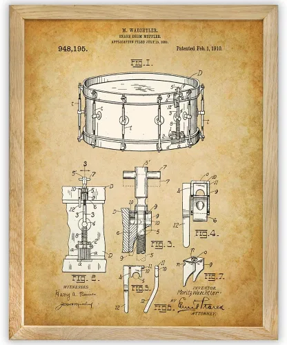 Vista 9 de Waechtler Snare Drum Patent Print - Classic Music Studio Decor, Percussion Instrument Display, Orchestra Concert Band Poster, Great Gift for