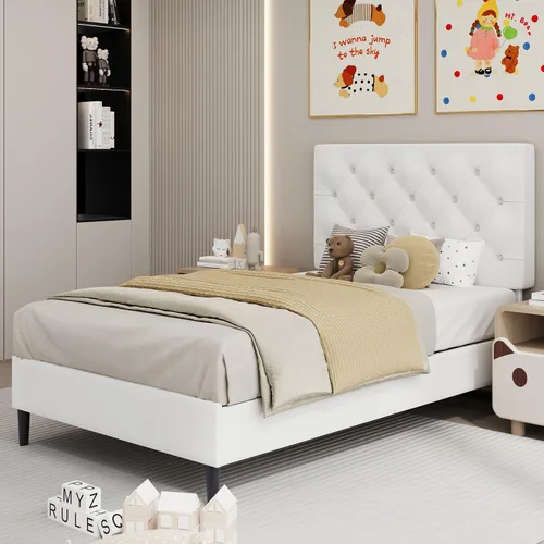 Vista 3 de BarnFurin Marco de Cama Twin, Cama Plataforma Tapizada con Cabecera con Botones Capitoné, Marco de Cama de Tela con Soporte de Listones de Madera