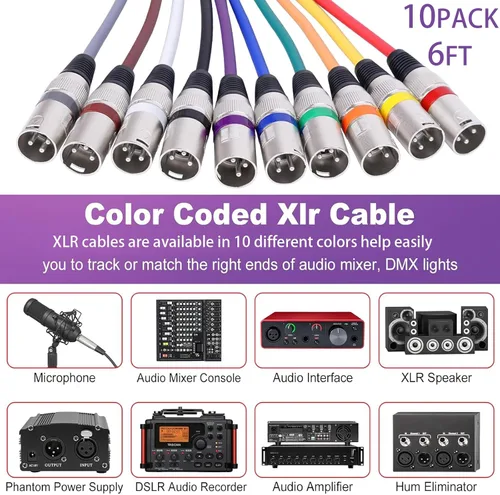 Vista 2 de Cable XLR de 10 colores, multicolor XLR macho a hembra, cables de audio de 6 pies, paquete de 10 cables de micrófono XLR equilibrados de 3 pines
