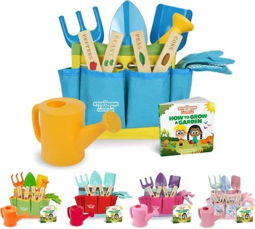Vista 11 de Herramientas de jardinería rosas para niños: incluye bolsa de mano resistente, regadera, guantes, palas, estacas de jardín y un encantador libro