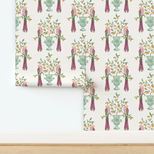 Vista 4 de Muestra de papel tapiz extraíble – Pájaros botánicos tropicales loro cítrico floral caprichoso vid hojas naranja limón italiano personalizado