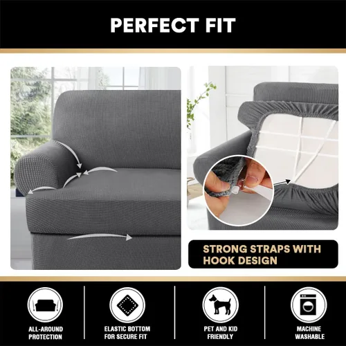 Vista 6 de Paquete de fundas de sofá con cojín en forma de T de 3/4 piezas, protector de muebles, patrón a cuadros, extraíbles y lavables, color gris
