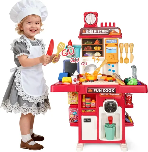 Vista 8 de Juego de cocina de juguete mejorado para niños y niñas, juego de mini cocina con fregadero con rociador y iluminación realista, juguetes de cocina