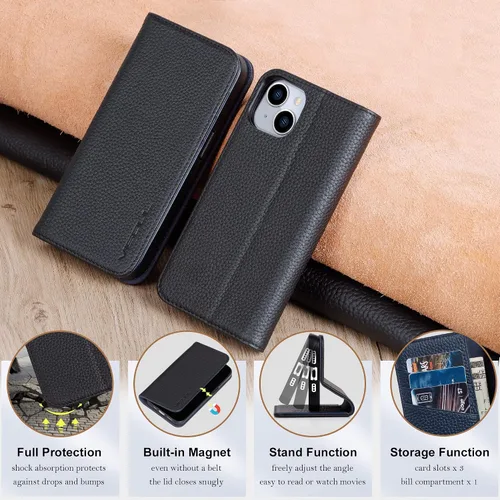Vista 6 de VISOUL Funda tipo cartera de piel auténtica para iPhone 14, con tapa magnética, con tarjetero y función atril, compatible con iPhone 14
