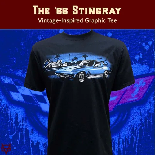 Vista 2 de Camiseta gráfica para hombre, 1966 Corvette Stingray - Camiseta Chevy con licencia oficial, regalo para los amantes de los autos deportivos