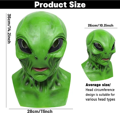 Vista 4 de vickkt Máscara de alienígena, máscara de disfraz de alienígena para adultos y niños, máscara facial realista de alienígena verde, disfraces
