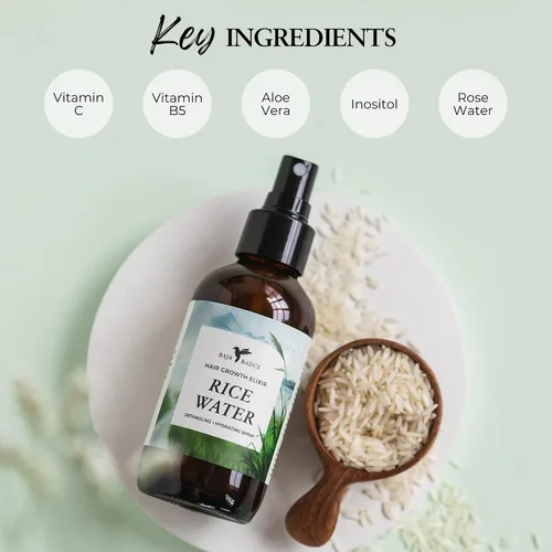 Vista 4 de Baja Basics, Agua de arroz para el crecimiento del cabello, grueso, fuerza, brillo, acondicionador sin enjuague para cuero cabelludo, hidratante