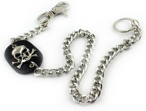 Vista 6 de Cartera de cuero con tachuelas punk de calavera para hombre con llavero largo de jeans, Negro