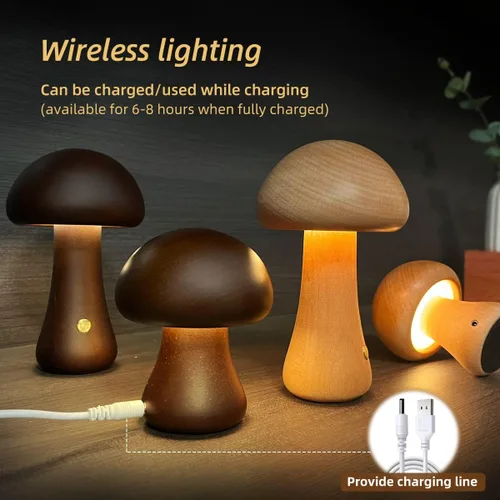 Vista 4 de Lámpara única pequeña de madera con forma de hongos, decoración de setas, lámpara de noche, lámpara de hongo recargable para decoración del hogar