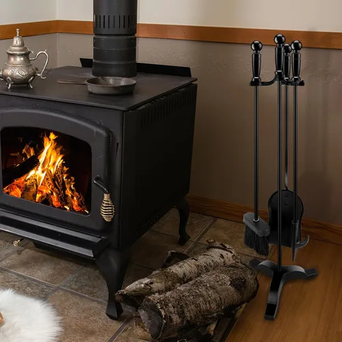 Vista 7 de Juego de herramientas para chimenea de 4 piezas, juego de herramientas de hierro fundido resistente para interiores y exteriores, incluye póquer