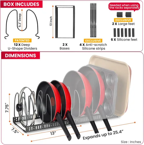 Vista 4 de BetterThingsHome - Soporte organizador de sartenes: se puede extender a 22.25 pulgadas, total 7 compartimentos ajustables. Gris Oscuro
