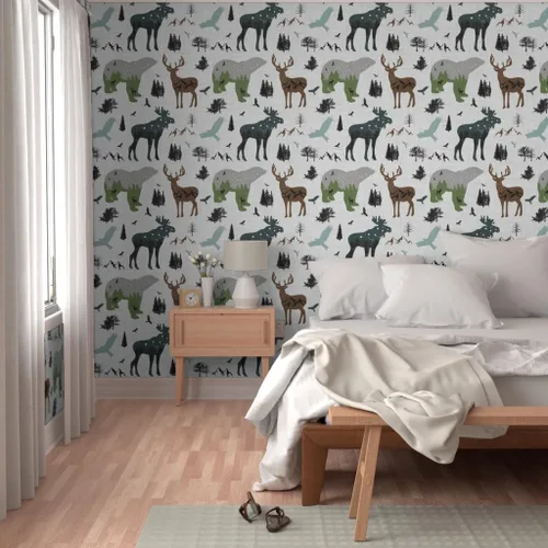 Vista 5 de Spoonflower Papel tapiz para despegar y pegar, diseño de animales del bosque ártico, bosque, montañas de Alaska, aventura, oso, alce, papel tapiz