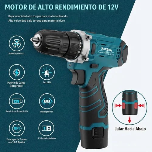 Vista 3 de Kit de herramientas Sundpey 206 piezas con taladro - Juego de taladro inalámbrico de 12V Combo de herramientas para el hogar - Caja de herramientas