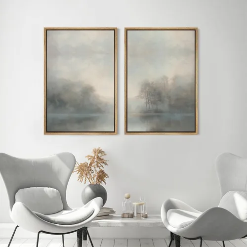 Vista 4 de MUDECOR Lienzo enmarcado para pared, bosque brumoso, reflejos, paisaje tranquilo, ilustraciones modernas, arte decorativo, bohemio, tranquilo/zen