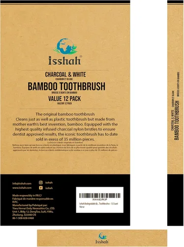 Vista 9 de Isshah Cepillos de dientes de carbón de bambú natural biodegradables, ecológicos, certificado FSC y aprobado por PETA, 12 unidades Aprobado por