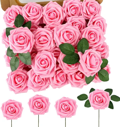 Vista 14 de MACTING 30 PCS Flores Artificiales Rosas Negras y Blancas Flores Falsas con Tallo Rosas de Espuma de Tacto Real para Boda Bola de Besos Ramillete