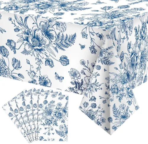 Vista 10 de Tiamon 1 mantel de plástico floral azul de 54 x 108 pulgadas, mantel rectangular vintage desechable con flores azules azul marino y blanco