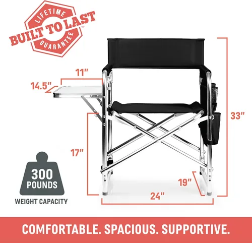 Vista 2 de PICNIC TIME Silla deportiva con mesa auxiliar, sillas de campamento acolchadas plegables para exteriores para adultos con portavasos y panel