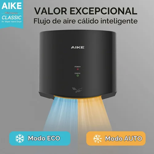 Vista 4 de Secador de manos compacto del limpiaparabrisas del aire de AIKE para los baños, modelo AK2630S de 110V negro Blade Air 15S Dry Time, 1400W High