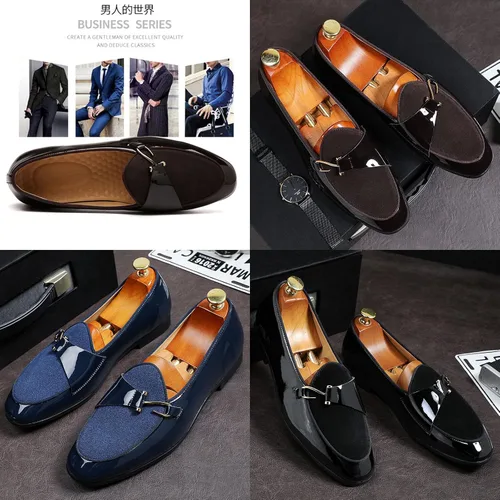 Vista 3 de Zapatos de vestir de esmoquin con punta puntiaguda para hombre, mocasines de piel de charol empalme de gamuza casual Derby Oxford sin cordones