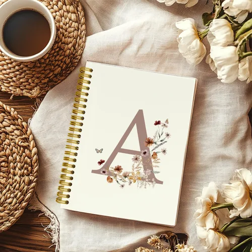 Vista 2 de Cuadernos de diario personalizados con letra inicial floral A, cuadernos vintage femeninos de tapa dura en espiral para la escuela, regalos