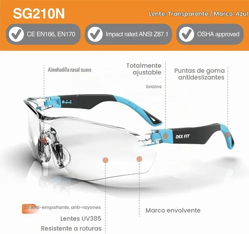 Vista 2 de DEX FIT Safety Glasses SG210 Series - Anti-Fog & Scratch Resistant Z87.1 Certified, Adjustable Temples Azul