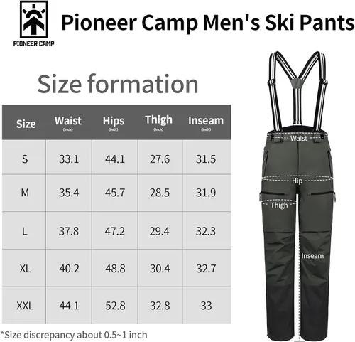 Vista 5 de Pioneer Camp Pantalones de esquí para hombre, pantalones de snowboard aislados, impermeables, pantalones de nieve para hombre, con peto desmontable