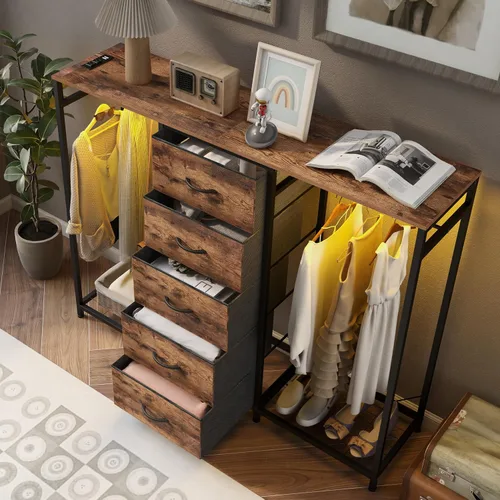 Vista 5 de Espelism Cómoda para dormitorio con perchero, cómoda de 5 cajones con estación de carga, luces LED, cómoda blanca, estante flexible y espacio