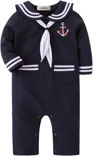 Vista 2 de StylesILove - Mameluco de algodón marinero marino con sombrero y corbata 3 piezas