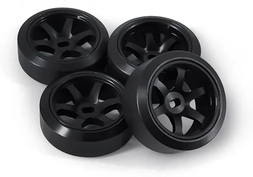Vista 6 de Llantas de rueda de 6 radios y neumáticos de deriva de coche RC para 1/28 RC Hobby modelo, [2 estrechos+2 anchos] 4 llantas de aleación de aluminio