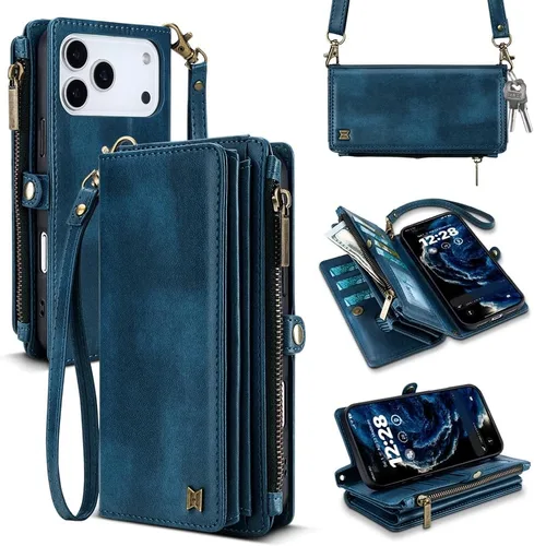 Vista 38 de Funda tipo cartera para iPhone 16 Pro Max con 8 tarjeteros, bloqueo RFID, piel sintética, función atril, abatible, correa de muñeca y correa
