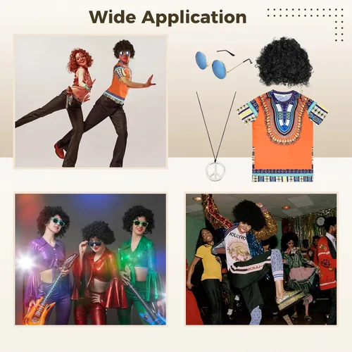 Vista 7 de SalLady Juego de disfraz hippie de 4 piezas, kit de trajes retro de los años 60 y 70 para hombre, incluye camisa hippie, peluca afro negra, lentes