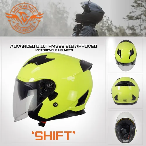 Vista 6 de Milwaukee Helmets MPH9823DOT 'Shift' - Casco de cara abierta 3/4 amarillo neón para hombres y mujeres con visera tintada desplegable